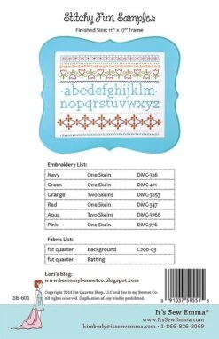 Stitchy Fun Sampler Hand Embroidery PatternLori Holt Of Bee In My Bonnet #ISE-601 7 Stitchy Fun Sampler Hand Embroidery PatternLori Holt Of Bee In My Bonnet #ISE-601 -Quilt Muse Shop ise stitchyfun back 850
